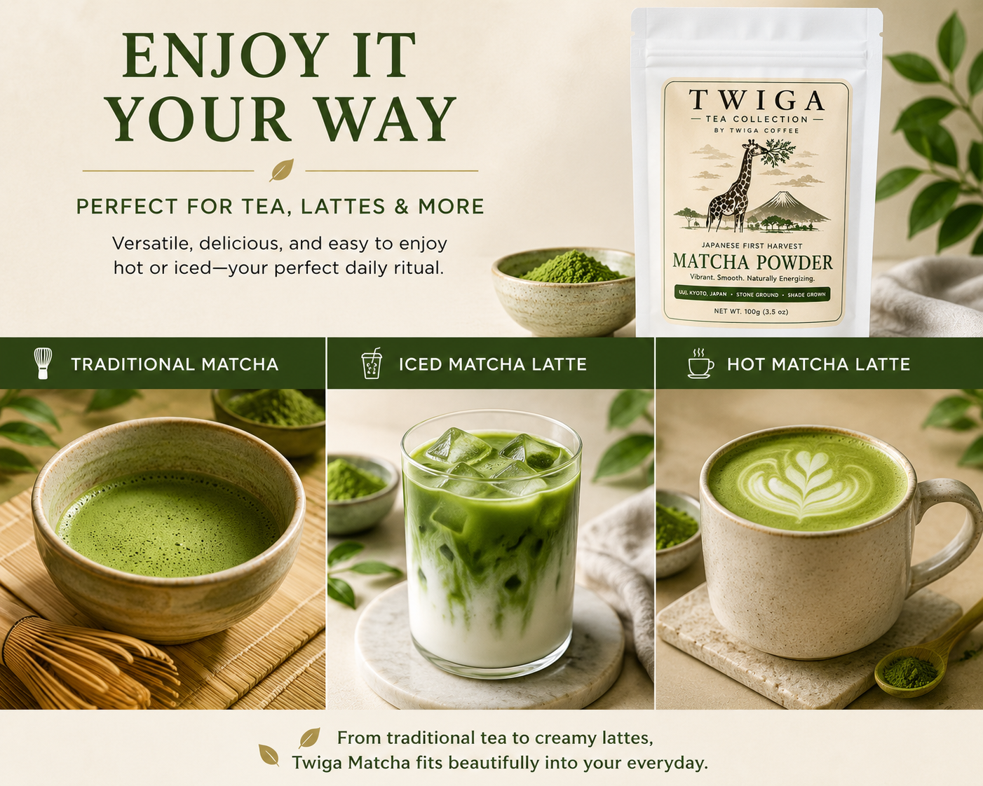 Twiga matcha served as traditional matcha, an iced matcha latte and a hot matcha latte