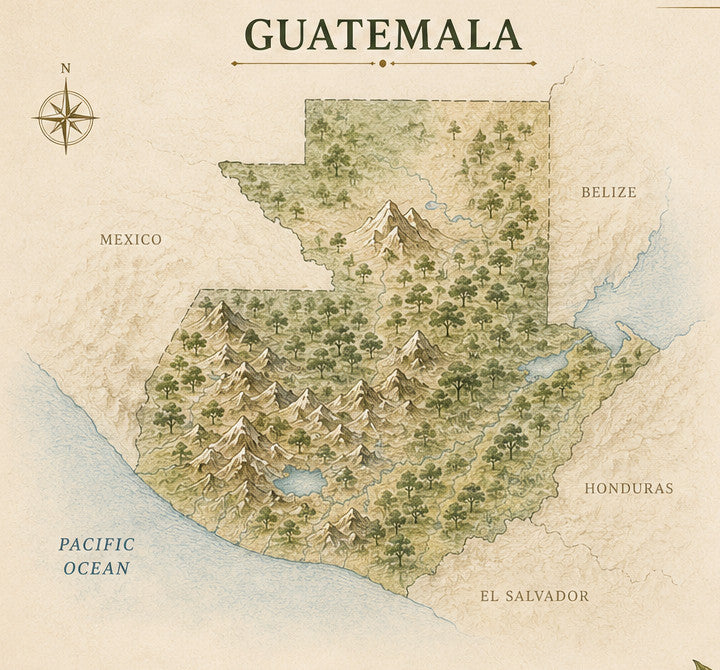 Illustrated relief map of Guatemala showing the volcanic highlands, forest cover and the neighbouring countries