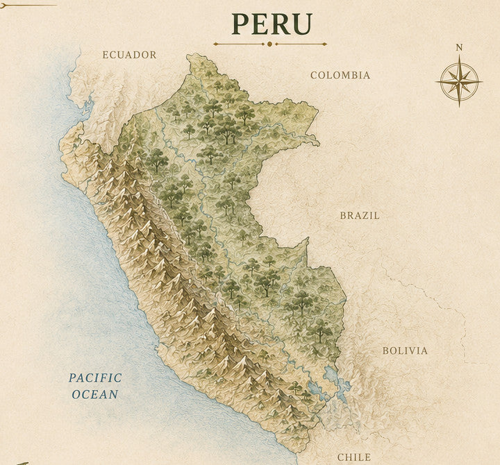 Illustrated relief map of Peru showing the Andes running the length of the country, the Amazon lowlands and the neighbouring countries