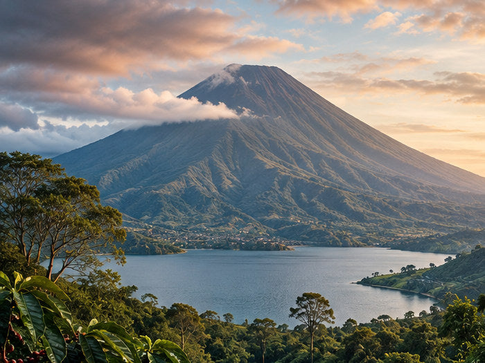 A Guatemalan volcano above a highland lake at sunrise, with coffee growing on the slopes in the foreground