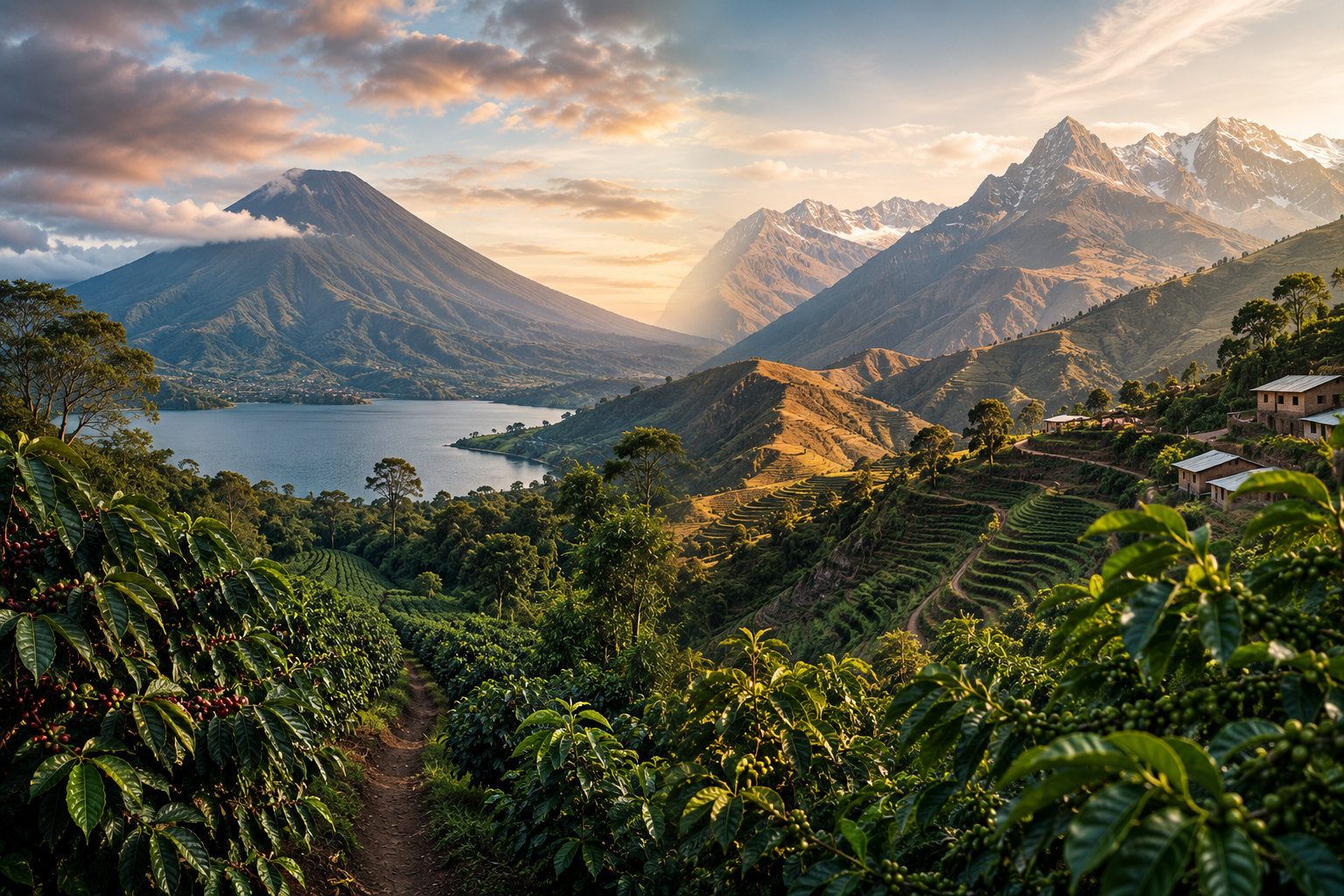 Coffee terraces at sunrise, a Guatemalan volcano above a highland lake on the left and the snow-capped Peruvian Andes on the right