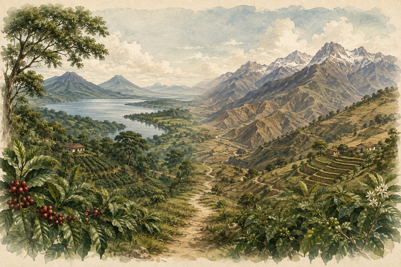 Watercolour landscape running from a Guatemalan lake below volcanoes on the left to the Peruvian Andes on the right, with coffee in fruit in the foreground