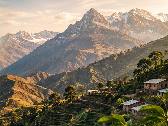 Terraced Andean hillsides in Peru at sunrise, with small farmhouses among the plots and snow-capped peaks behind
