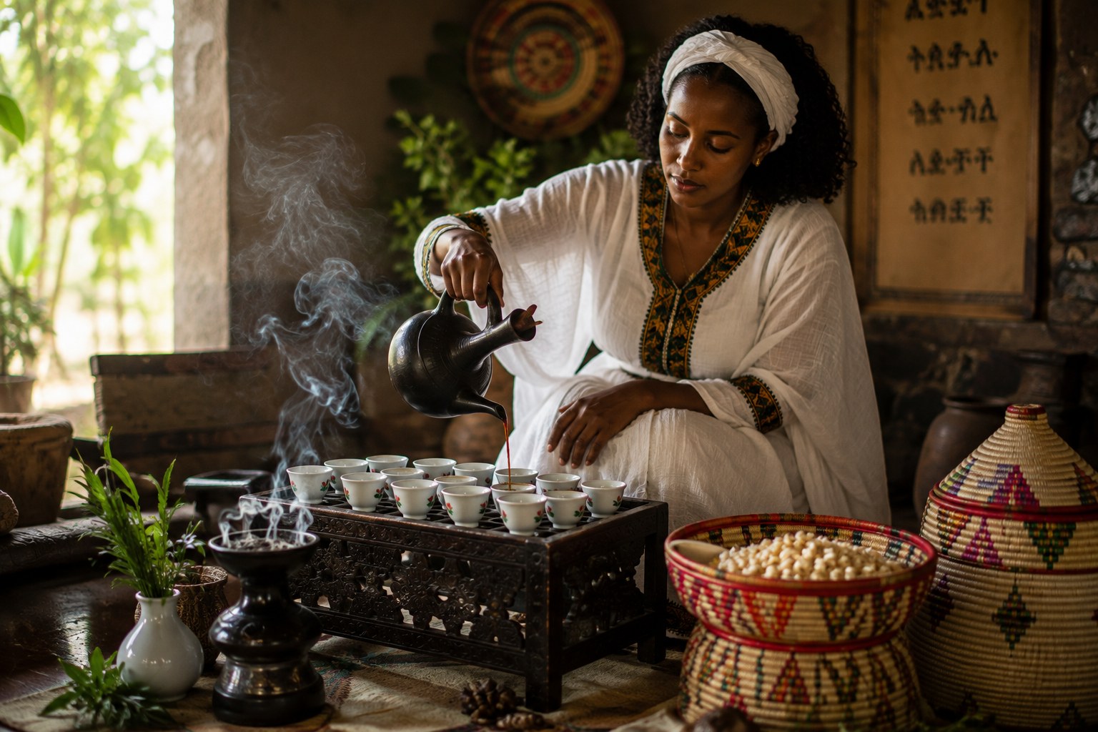 A woman pours coffee from a jebena into rows of small cups during an Ethiopian coffee ceremony, with incense burning beside her