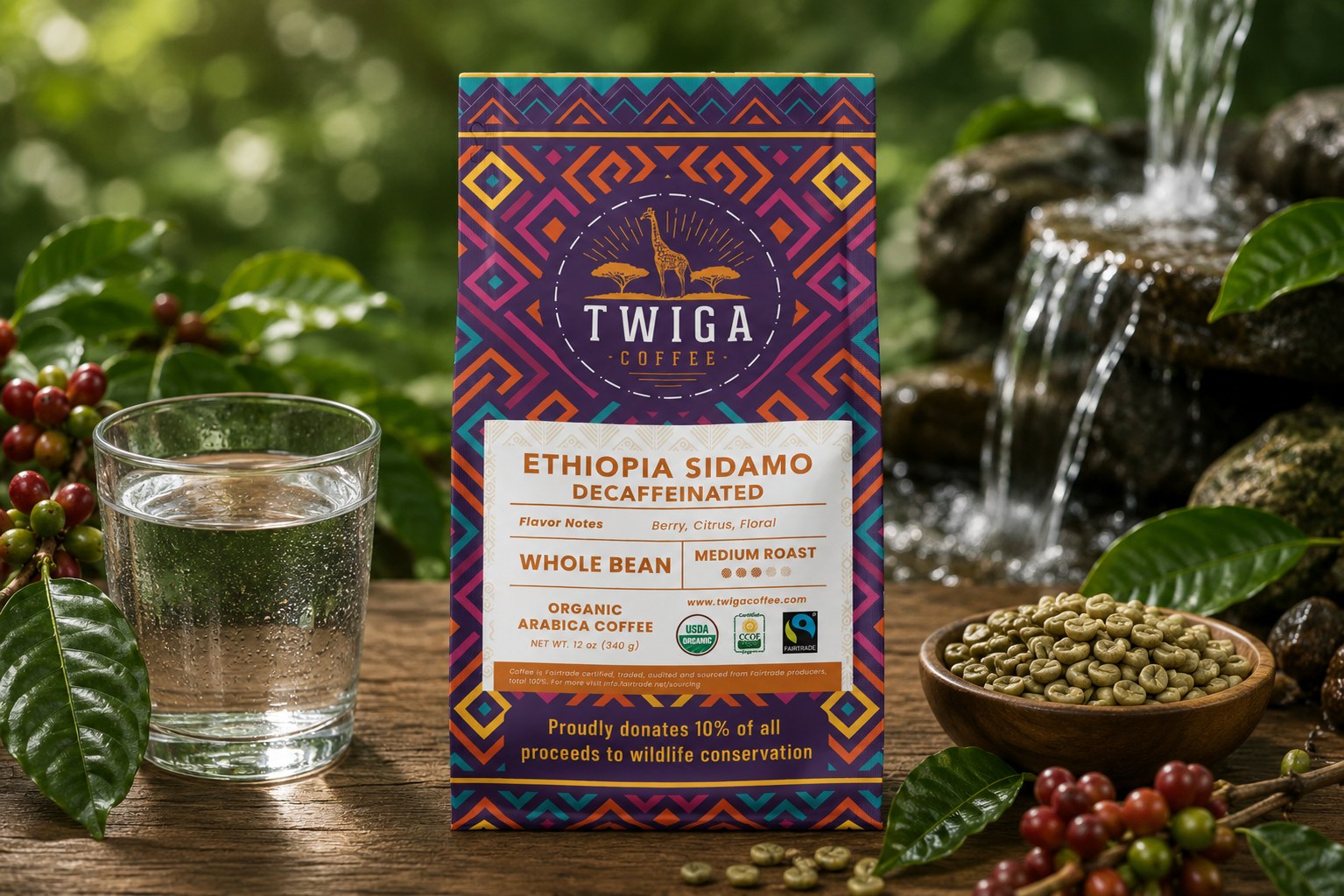 A 12 oz bag of Twiga Ethiopia Sidamo Decaffeinated coffee on a wooden table beside a glass of water, a bowl of green coffee beans and coffee cherries, with a waterfall behind
