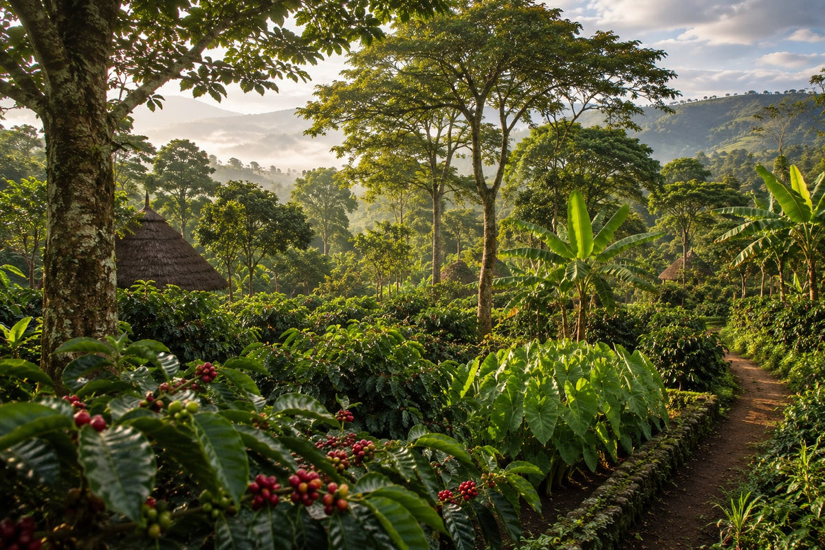 Coffee shrubs in fruit growing beneath tall shade trees and enset on terraced highland slopes, with thatched homesteads among the planting