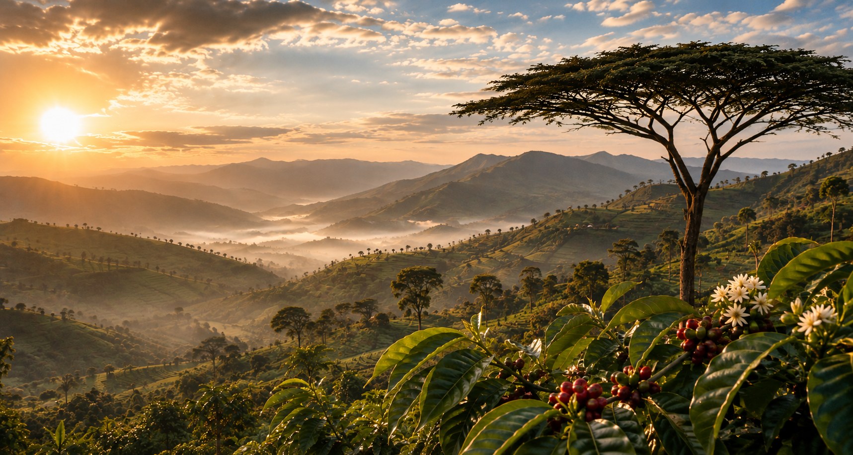 Ethiopian highlands at sunrise, with flowering coffee shrubs and ripening cherries in the foreground and mist lying in the valleys below
