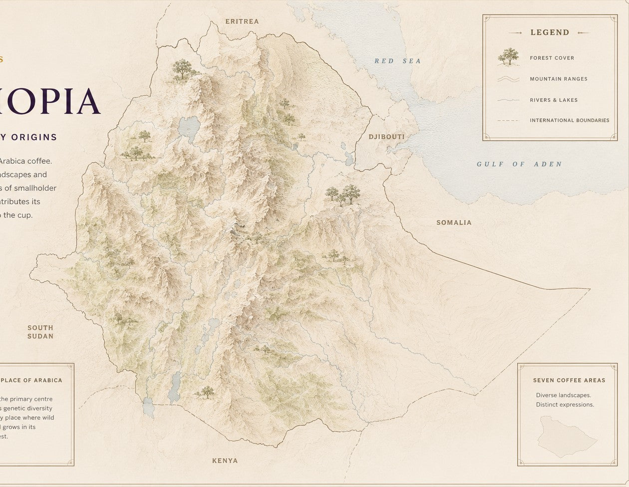 Illustrated relief map of Ethiopia showing highland terrain, forest cover and rivers