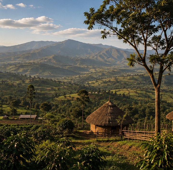 A thatched homestead surrounded by coffee plants on green highland slopes, with mountains rising behind