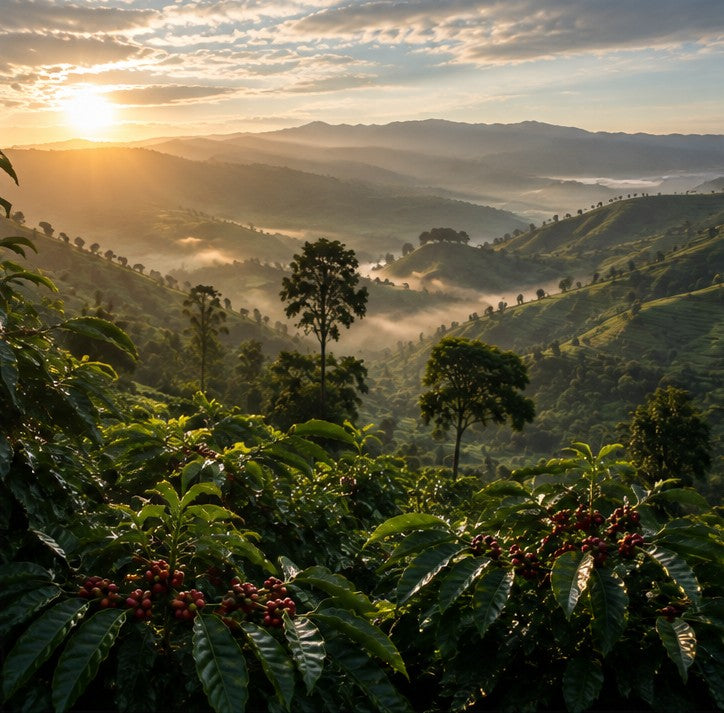 Coffee shrubs heavy with ripening cherries on forested highland slopes above mist-filled valleys at sunrise