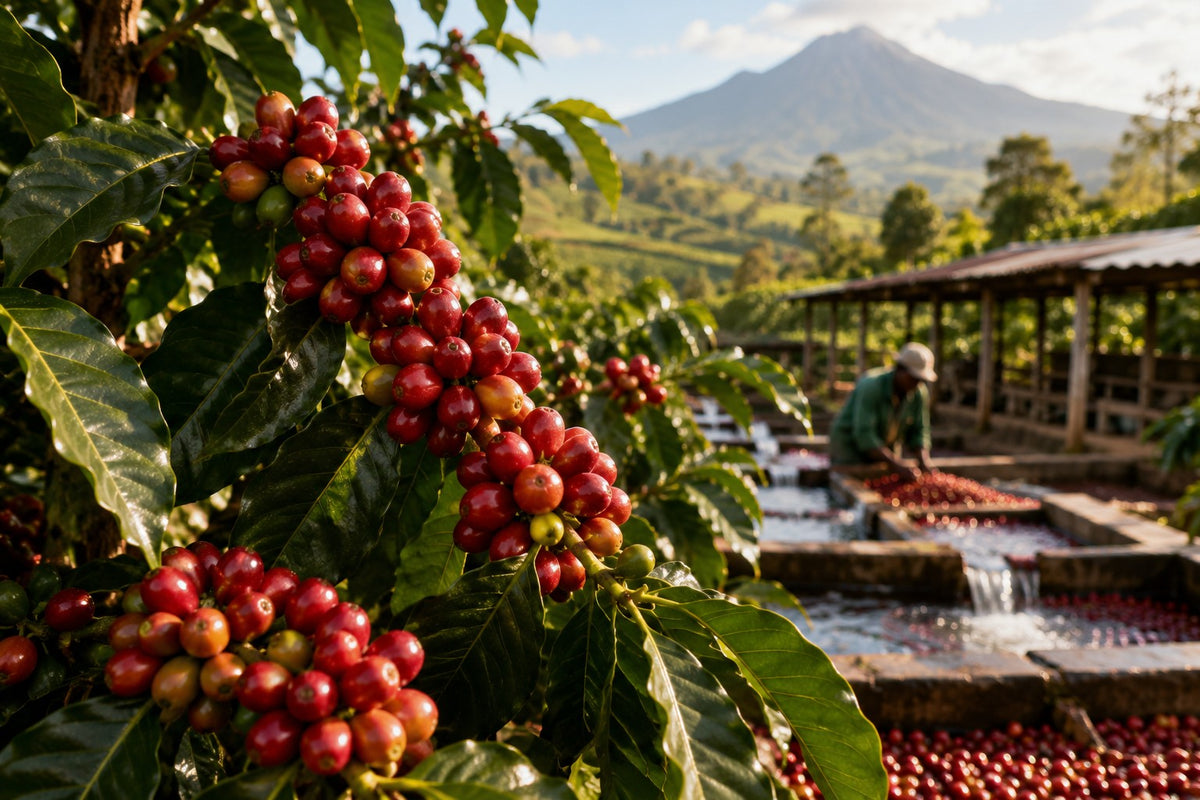 Ripe red coffee cherries on the branch, with a cooperative washing station and its fermentation channels behind