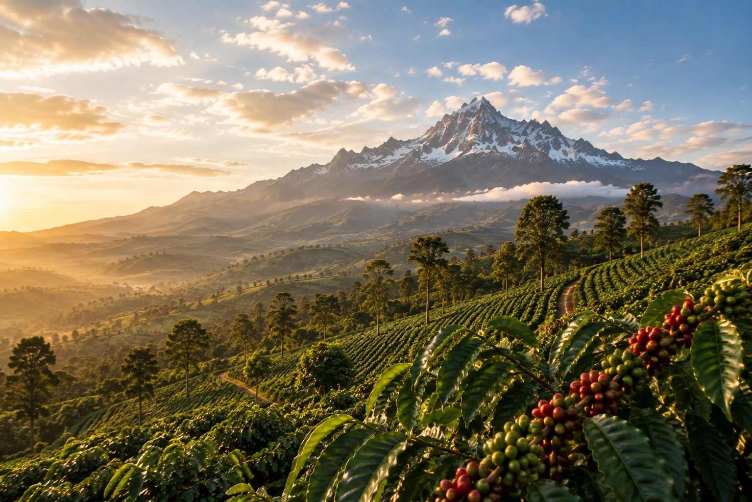 Rows of coffee on highland slopes below a snow-capped peak at sunrise in Kenya, with ripe coffee cherries in the foreground