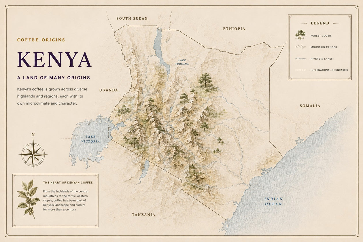 Illustrated relief map of Kenya showing the central highlands, Lake Turkana, Lake Victoria and the neighbouring countries