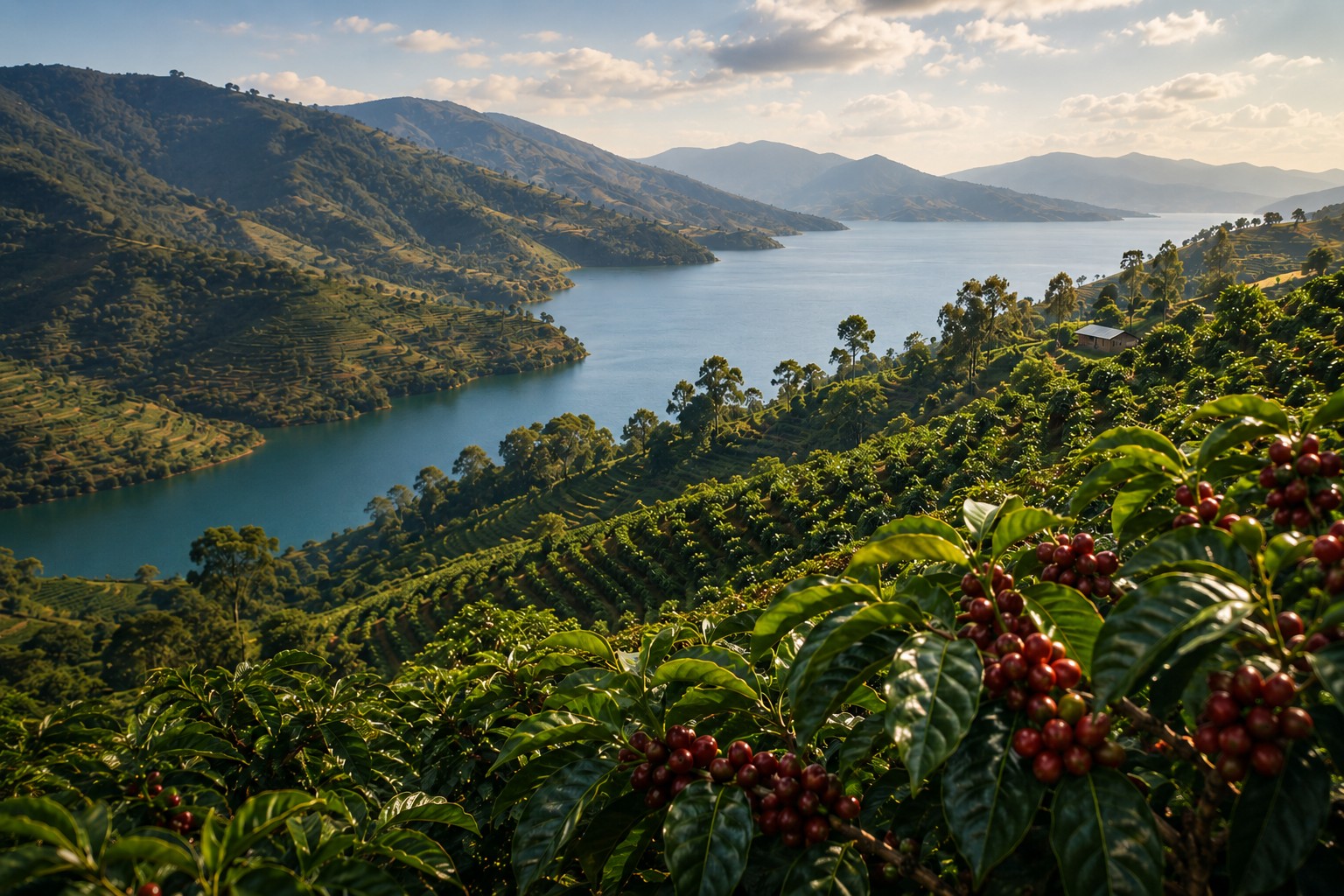 Coffee terraces on the hillsides above Lake Kivu in western Rwanda, ripe red cherries in the foreground