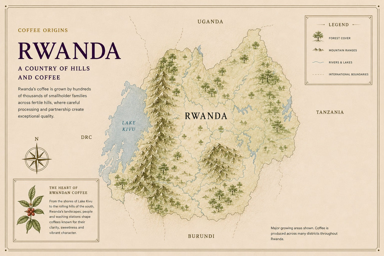 Illustrated relief map of Rwanda showing Lake Kivu, the western highlands and the neighbouring countries