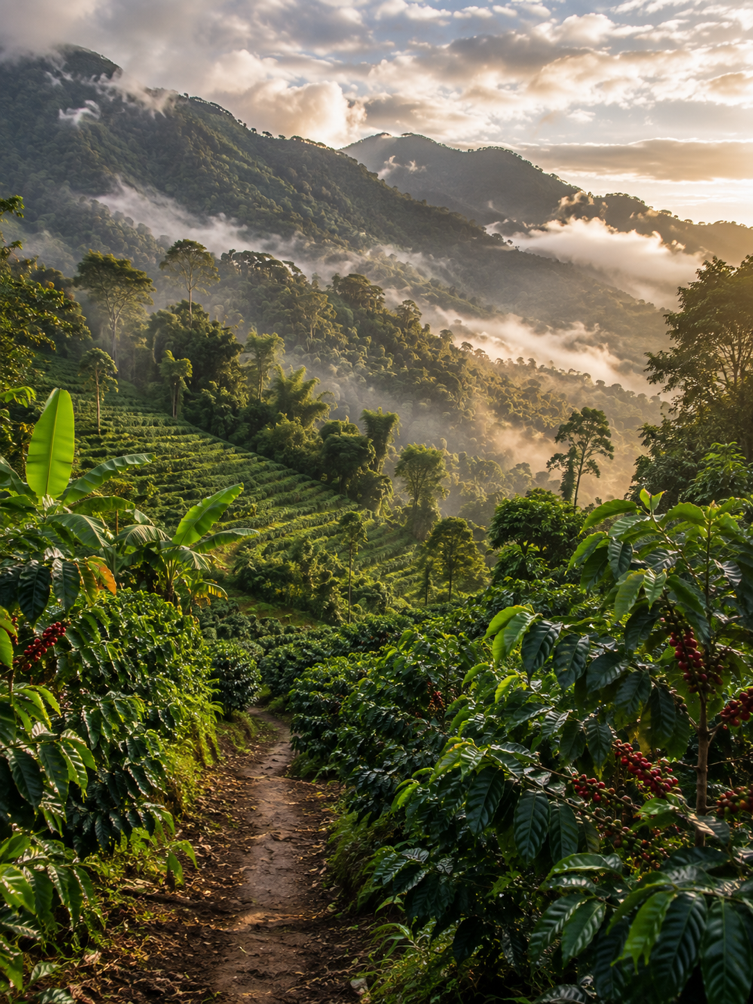 A path through terraced rows of coffee on a misty mountainside, Central and South America