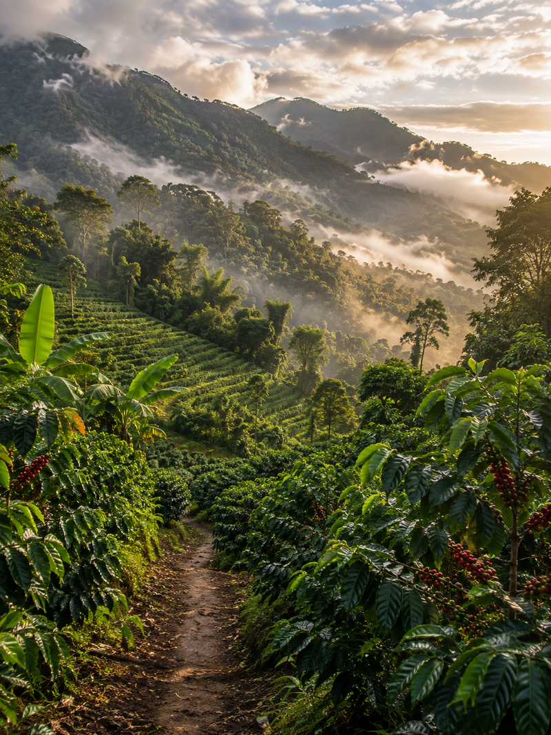 A path through terraced rows of coffee on a misty mountainside, Central and South America