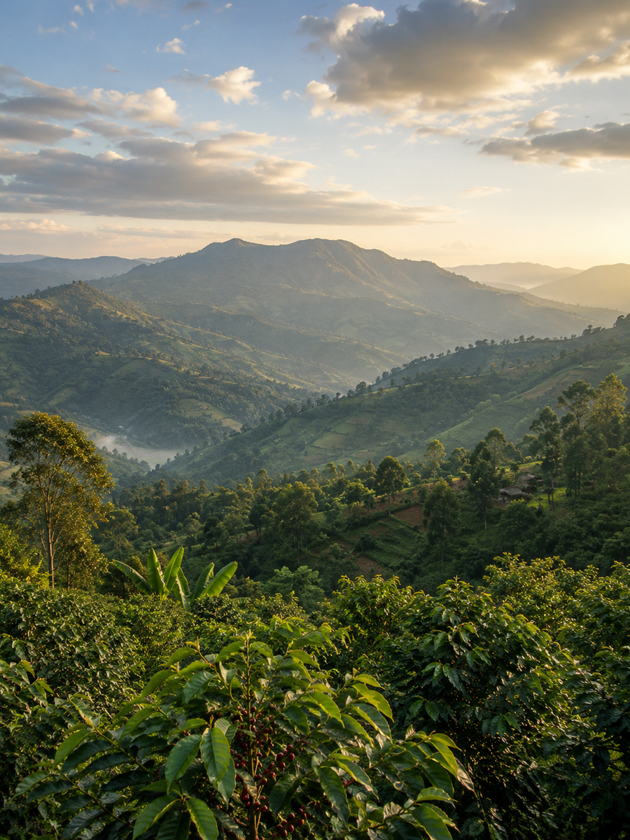 Coffee plants on misty forested highland slopes at sunrise, Ethiopia