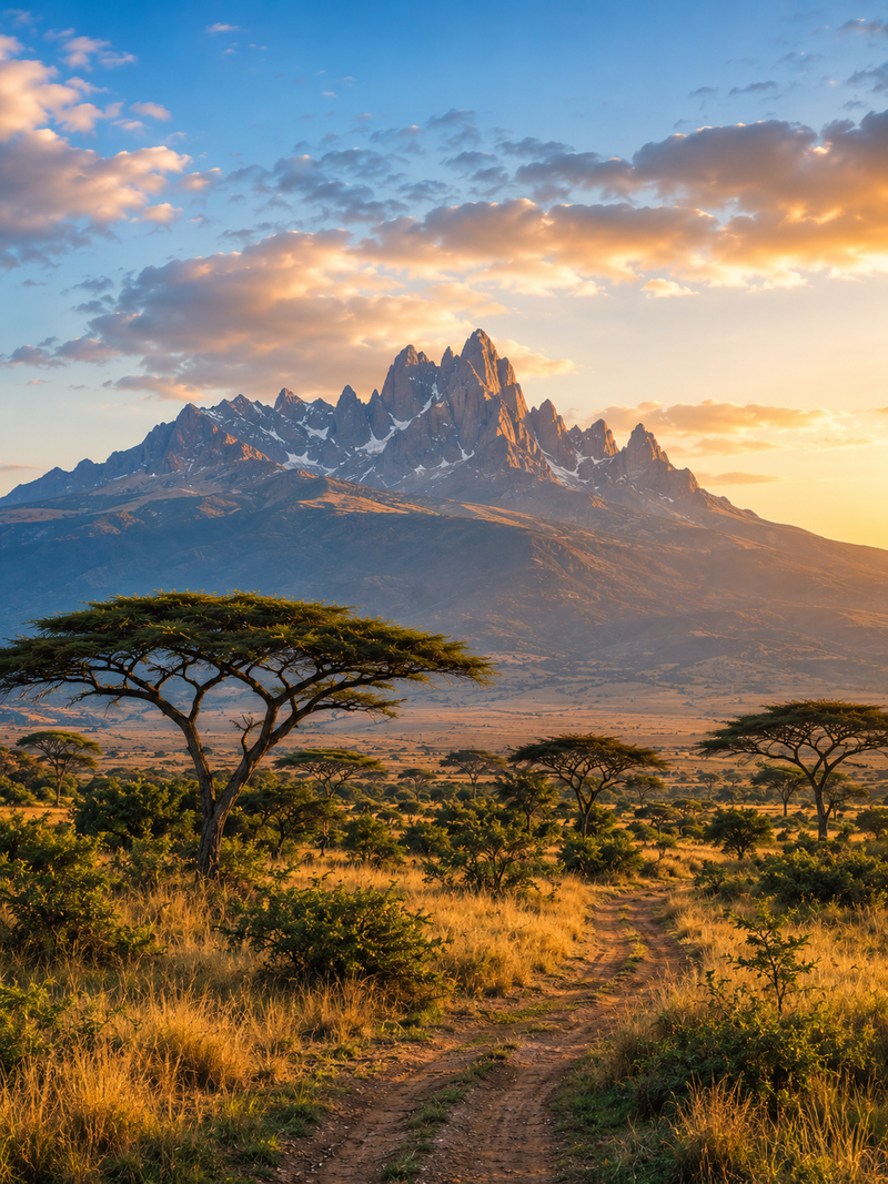 Mount Kenya's jagged peaks at sunrise above acacia savanna, with a dirt track winding through golden grassland, Kenya