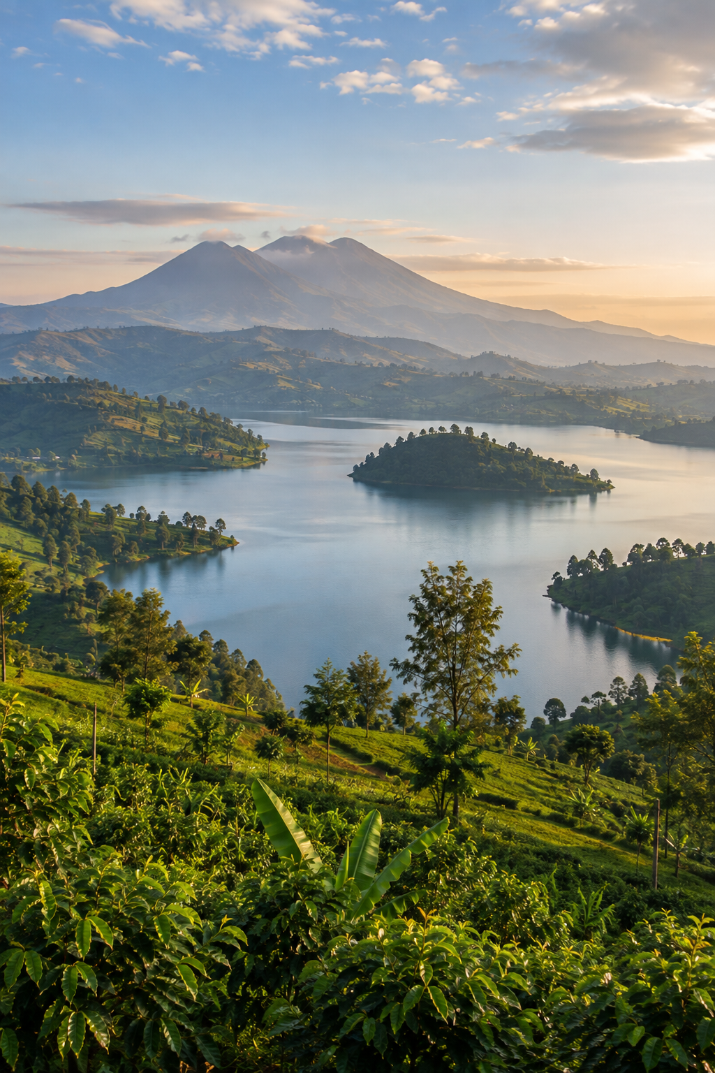 Volcanic peaks above a lake with green hillsides in the foreground, Rwanda