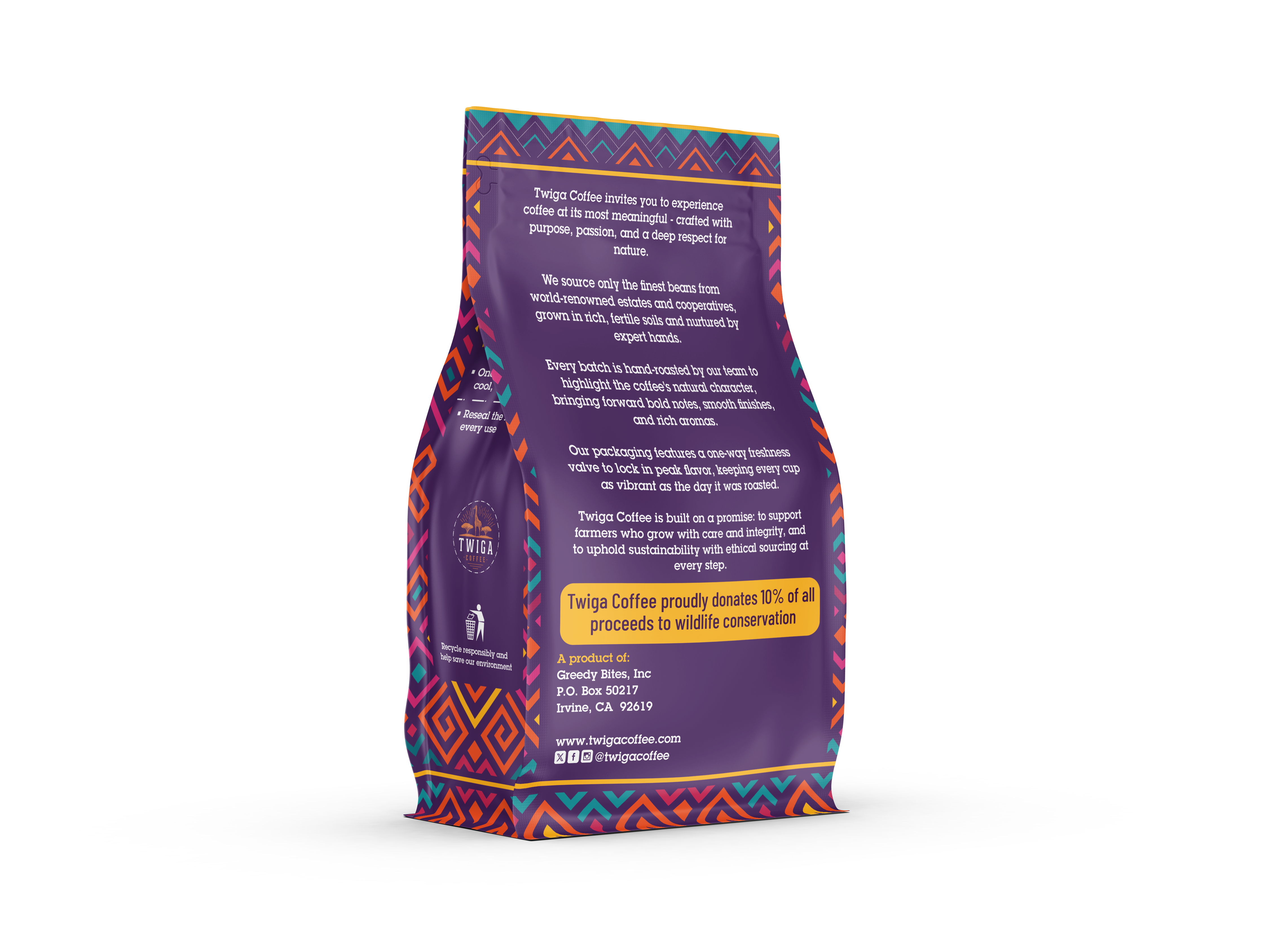 Back of the Kenya AA 12 oz pouch, angled