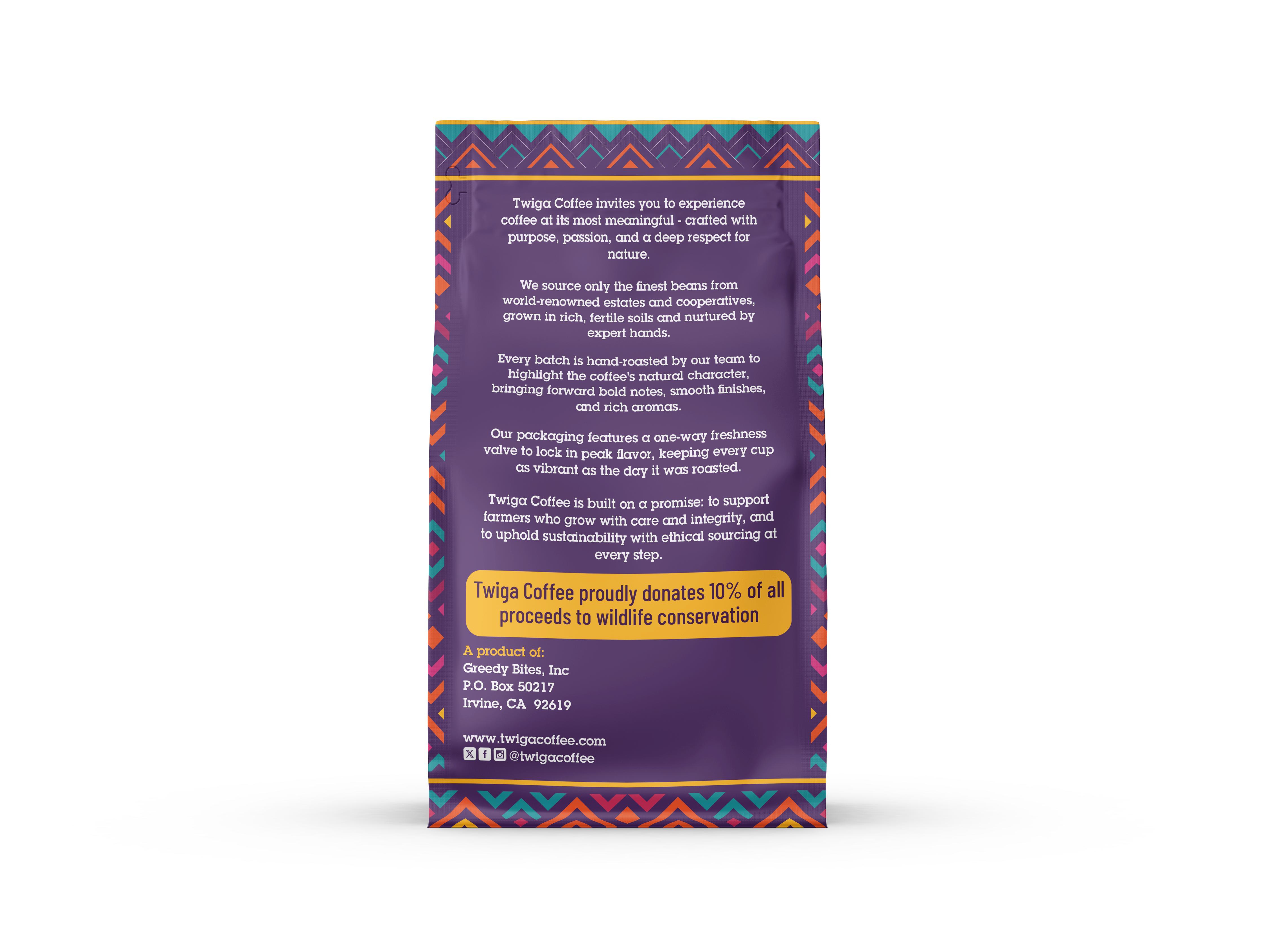Back of the Rwanda pouch, with Twiga's sourcing story and wildlife conservation pledge
