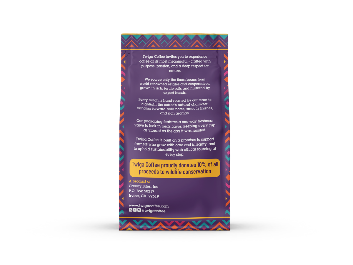 Back of the Peru pouch, with Twiga's sourcing story and wildlife conservation pledge