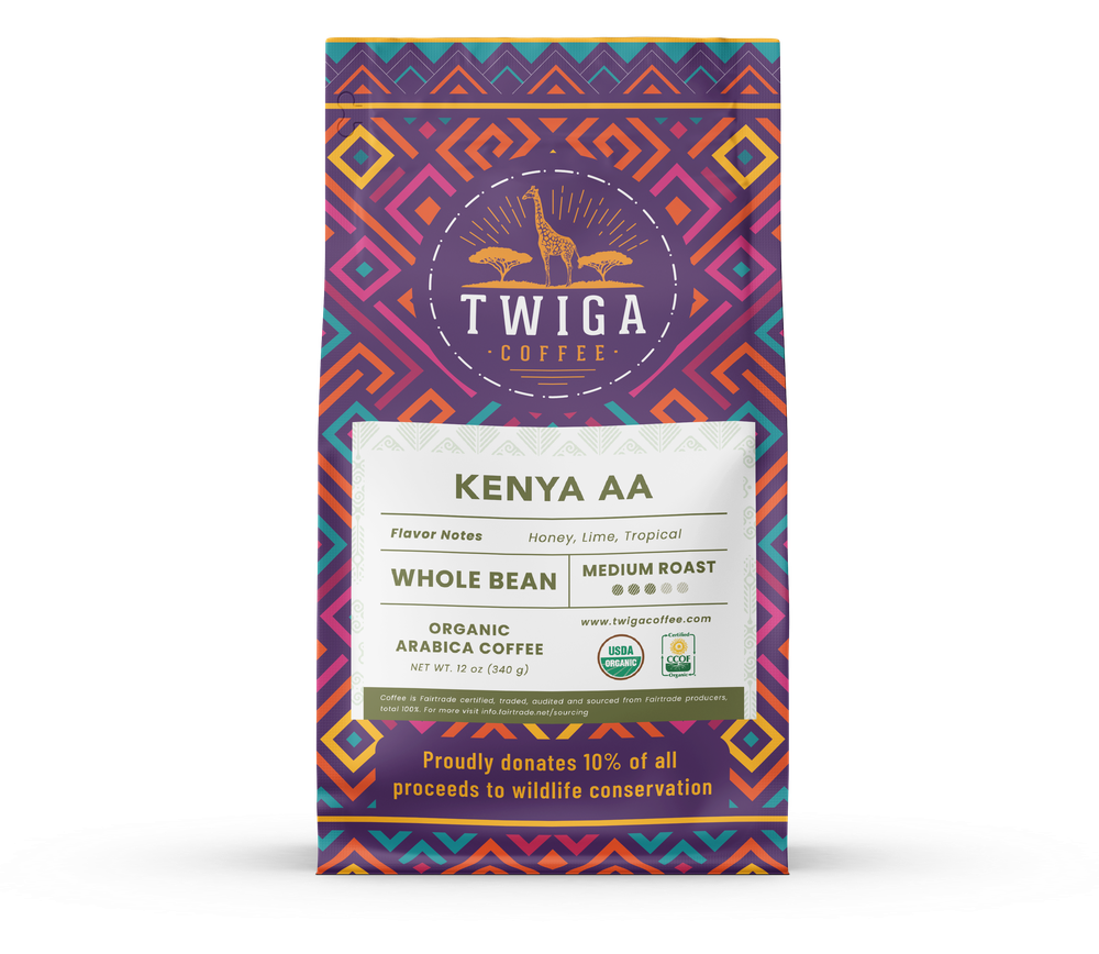 Twiga Kenya AA 12 oz bag in the current packaging, patterned band with a flavour-note label reading honey, lime and tropical