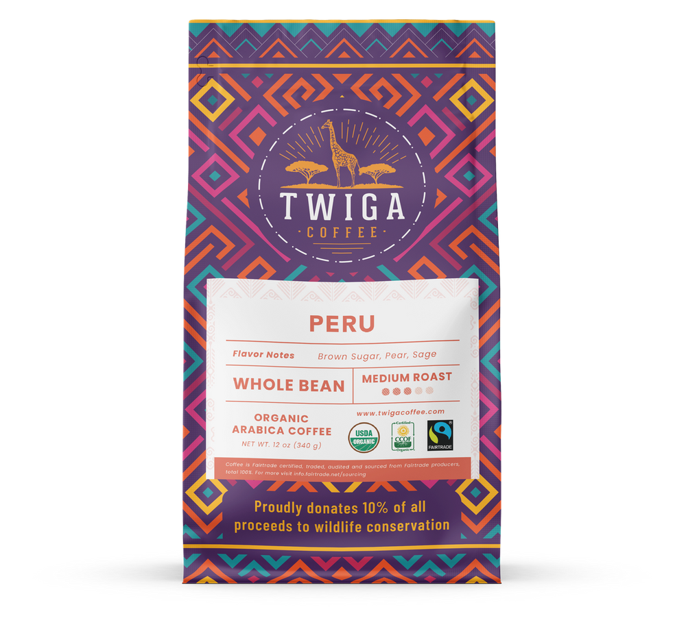 Twiga Coffee Peru, 12 oz whole bean pouch in the current packaging, front of pack