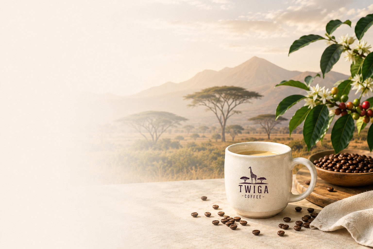 A Twiga Coffee mug of black coffee on a stone ledge beside roasted beans and a flowering coffee branch, looking out over acacia savanna toward a mountain at sunrise