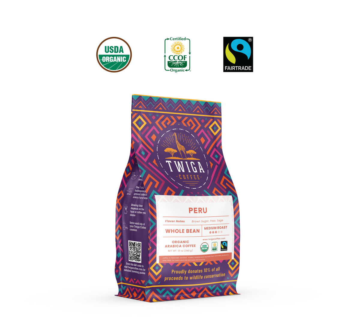 Peru pouch beside USDA Organic, CCOF Organic and Fairtrade certification marks