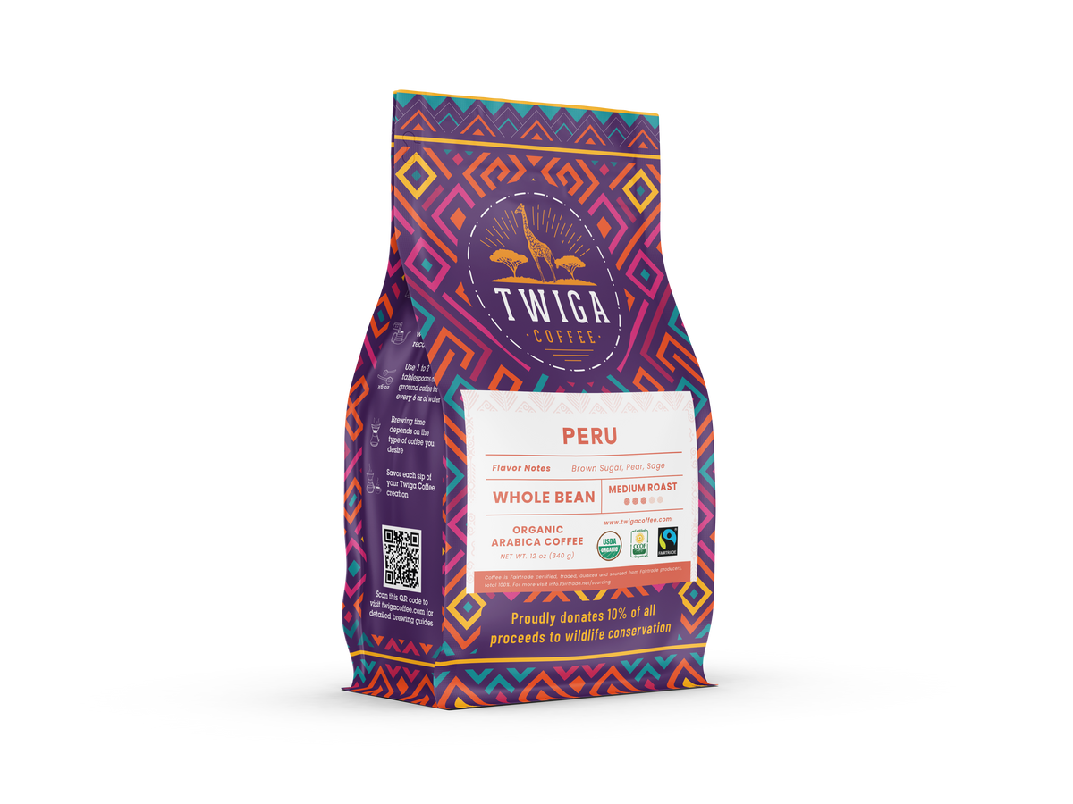 Peru 12 oz pouch angled to show the front label and patterned side panel