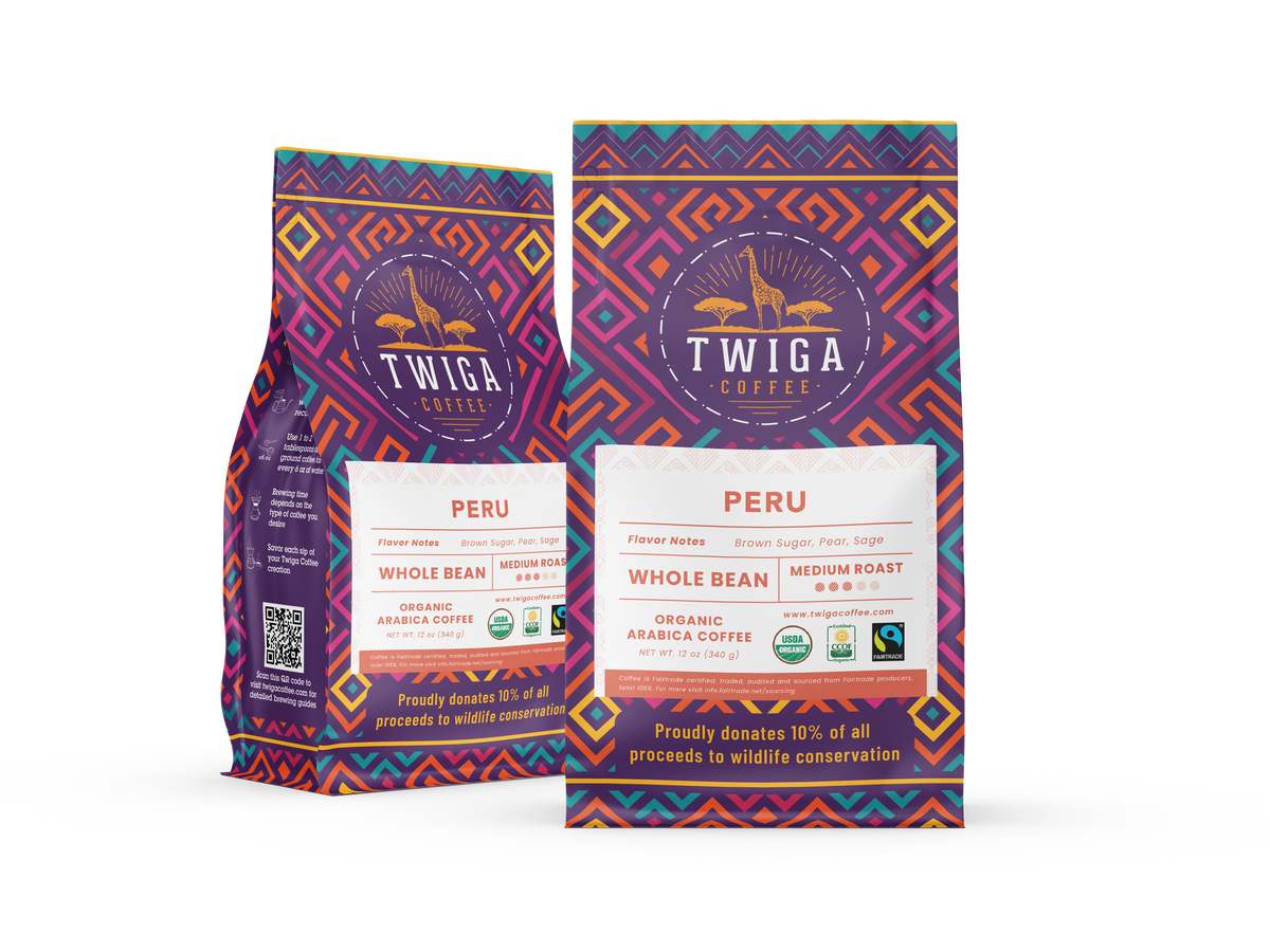 Two 12 oz pouches of Peru whole bean coffee