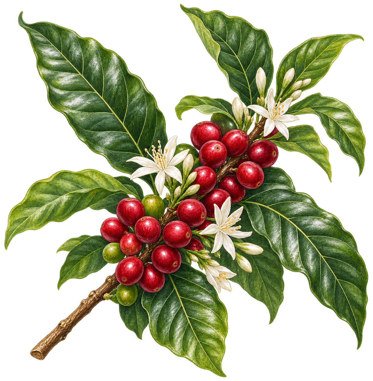 Botanical illustration of a Bourbon coffee branch in flower and in fruit, with ripe red cherries and white blossom
