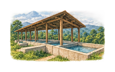 Illustration of a coffee washing station building with its wet-processing tanks