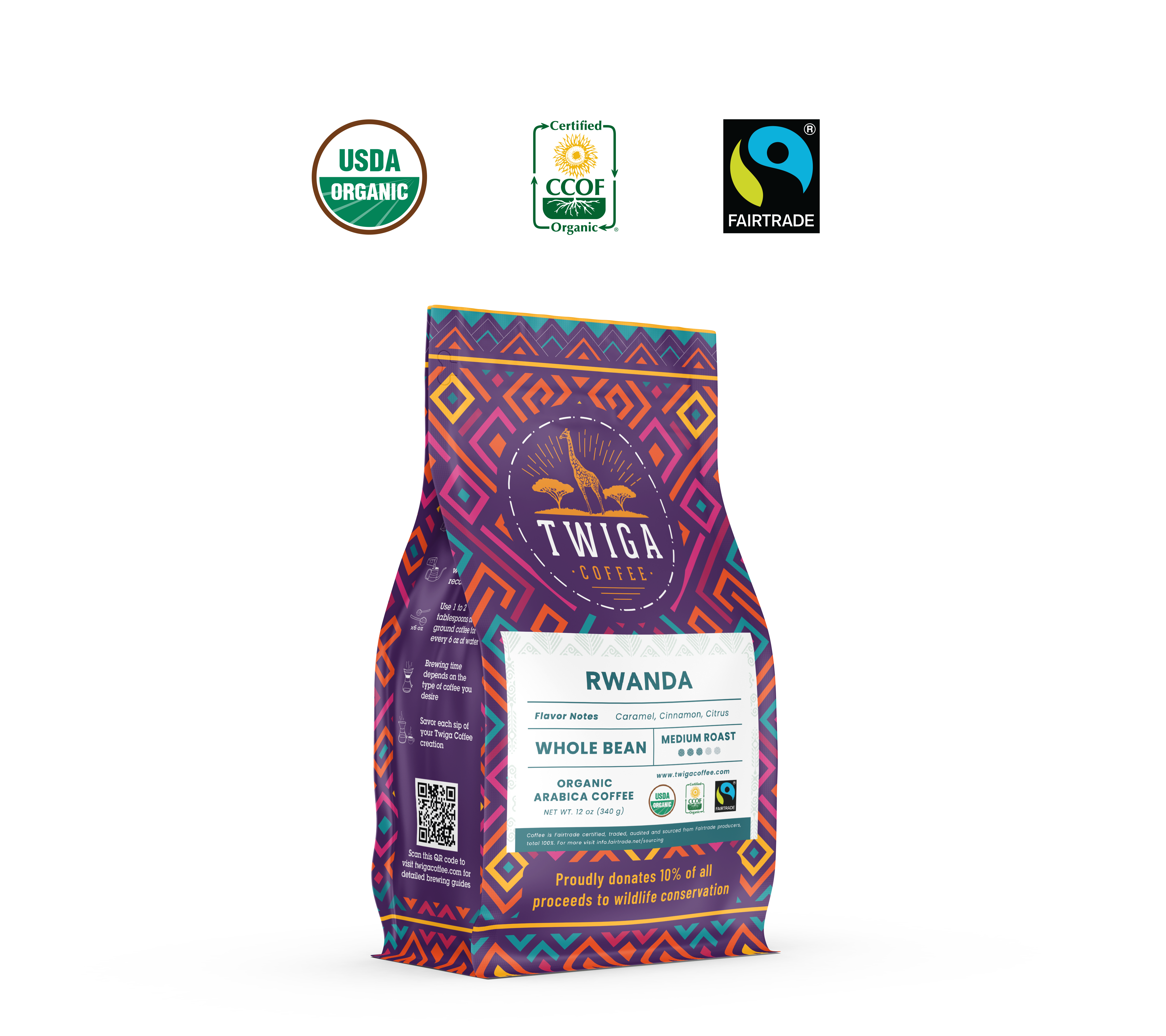 Rwanda pouch beside USDA Organic, CCOF Organic and Fairtrade certification marks