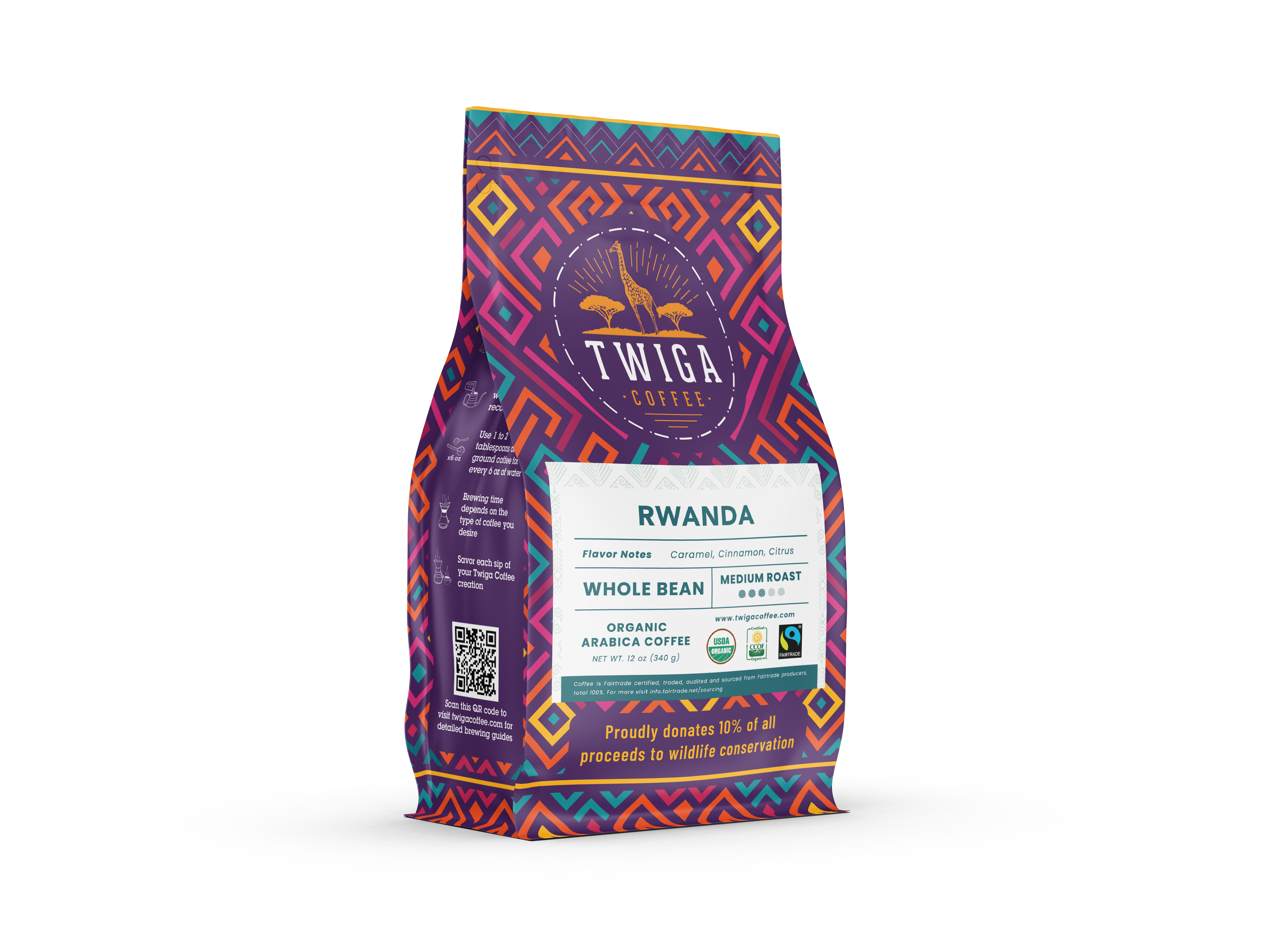 Rwanda 12 oz pouch angled to show the front label and patterned side panel