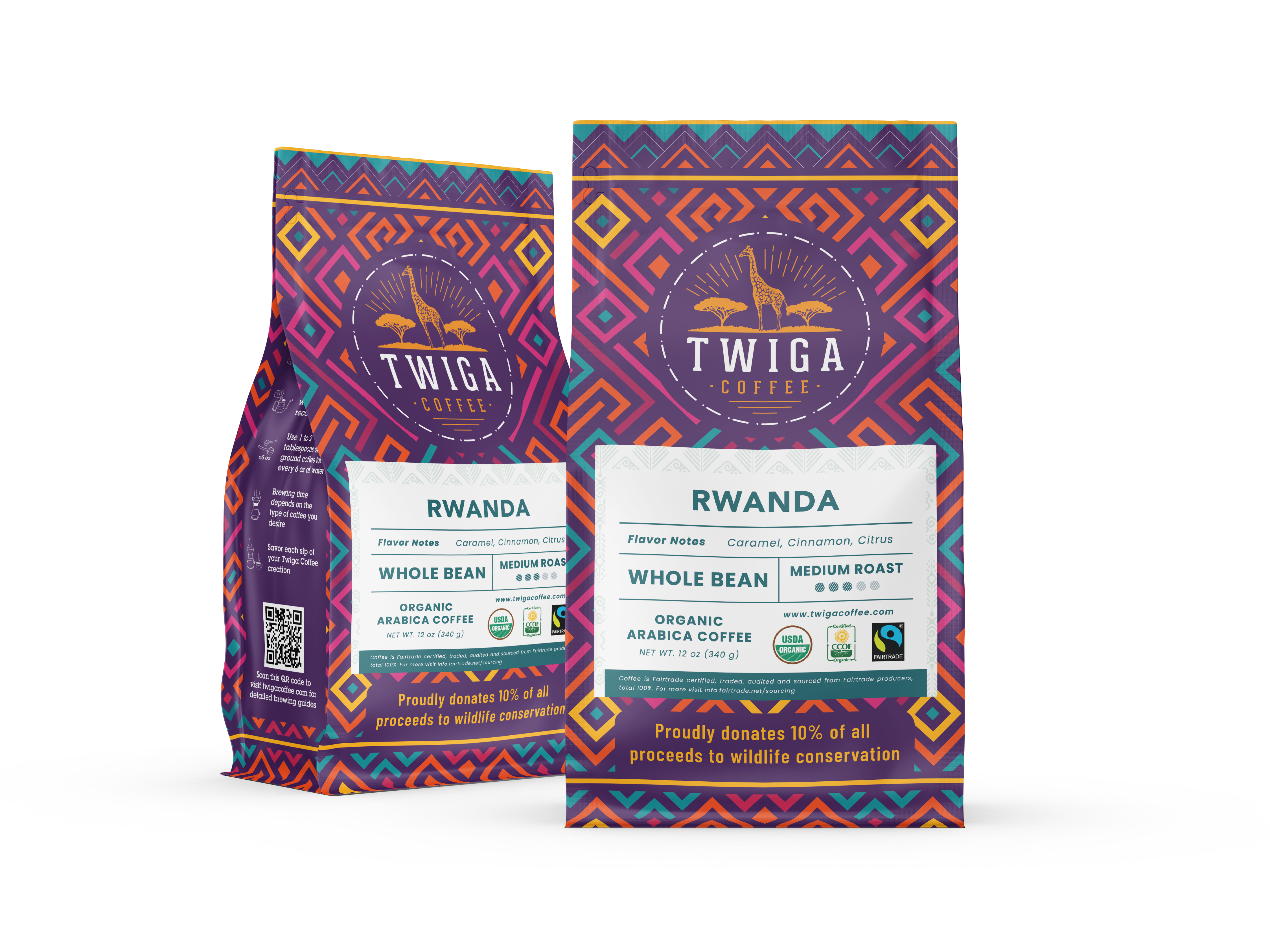 Two 12 oz pouches of Rwanda whole bean coffee