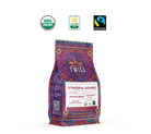 Ethiopia Sidamo pouch beside USDA Organic, CCOF Organic and Fairtrade certification marks