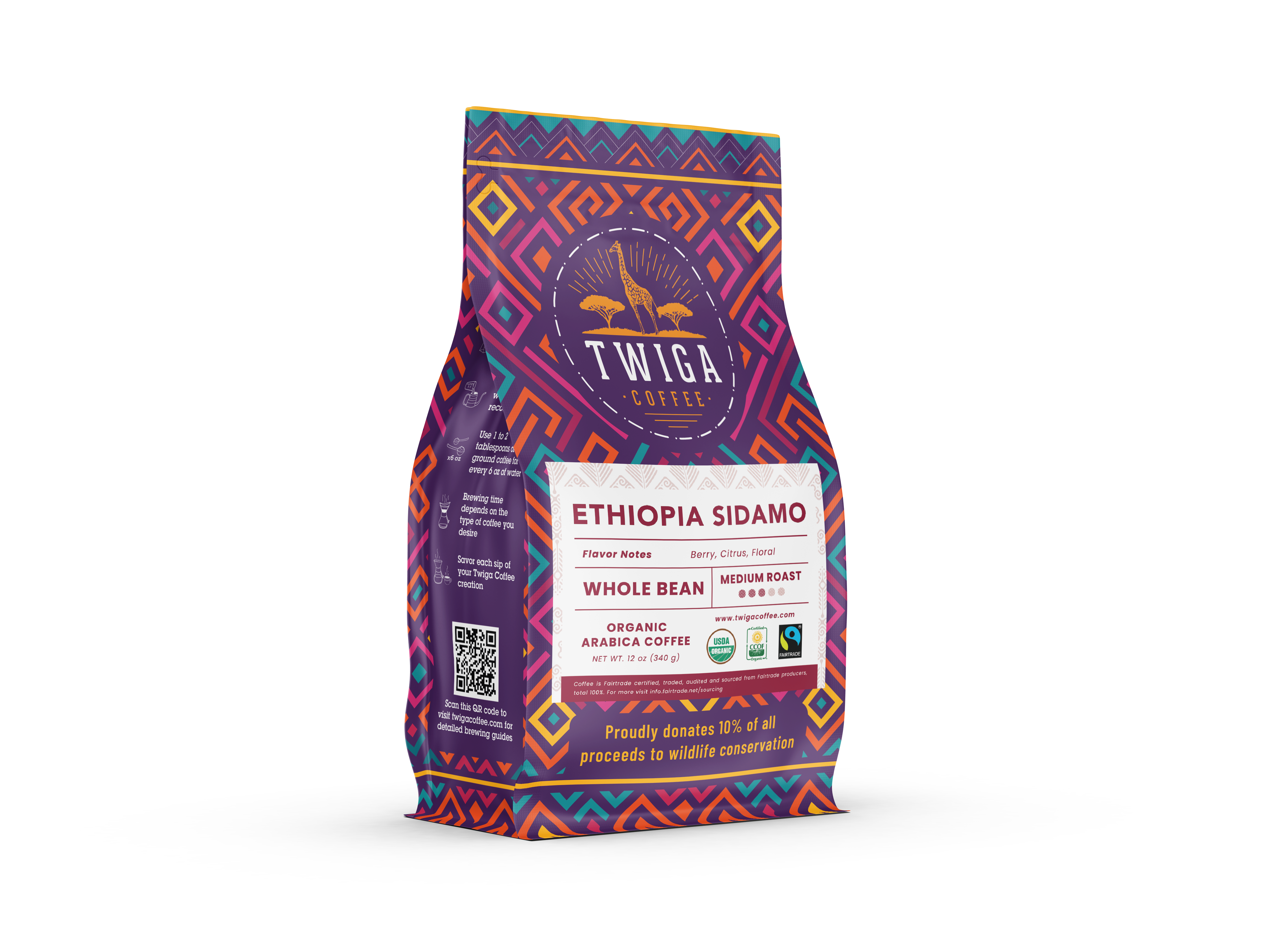 Ethiopia Sidamo 12 oz pouch angled to show the front label and patterned side panel