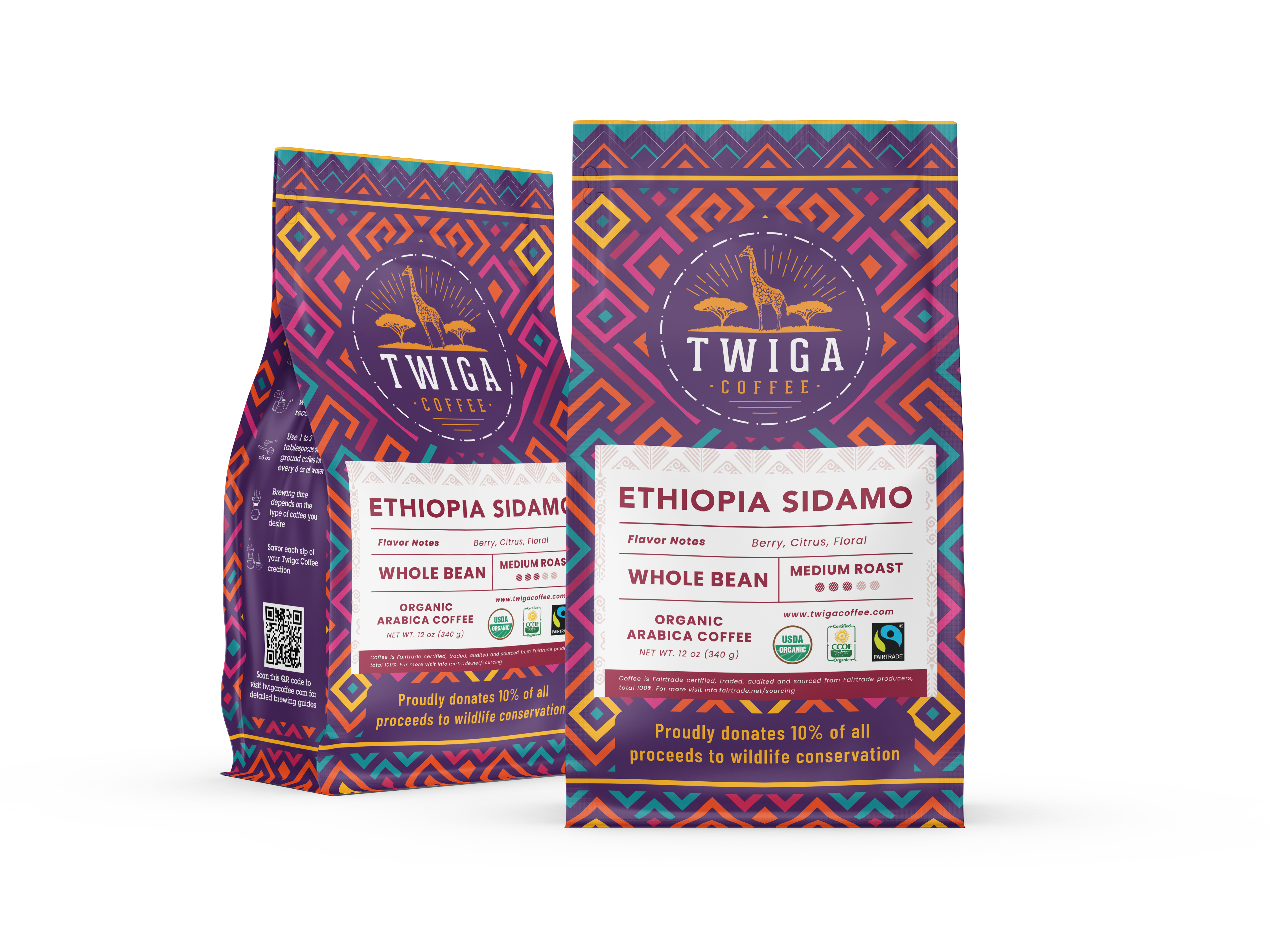 Two 12 oz pouches of Ethiopia Sidamo whole bean coffee