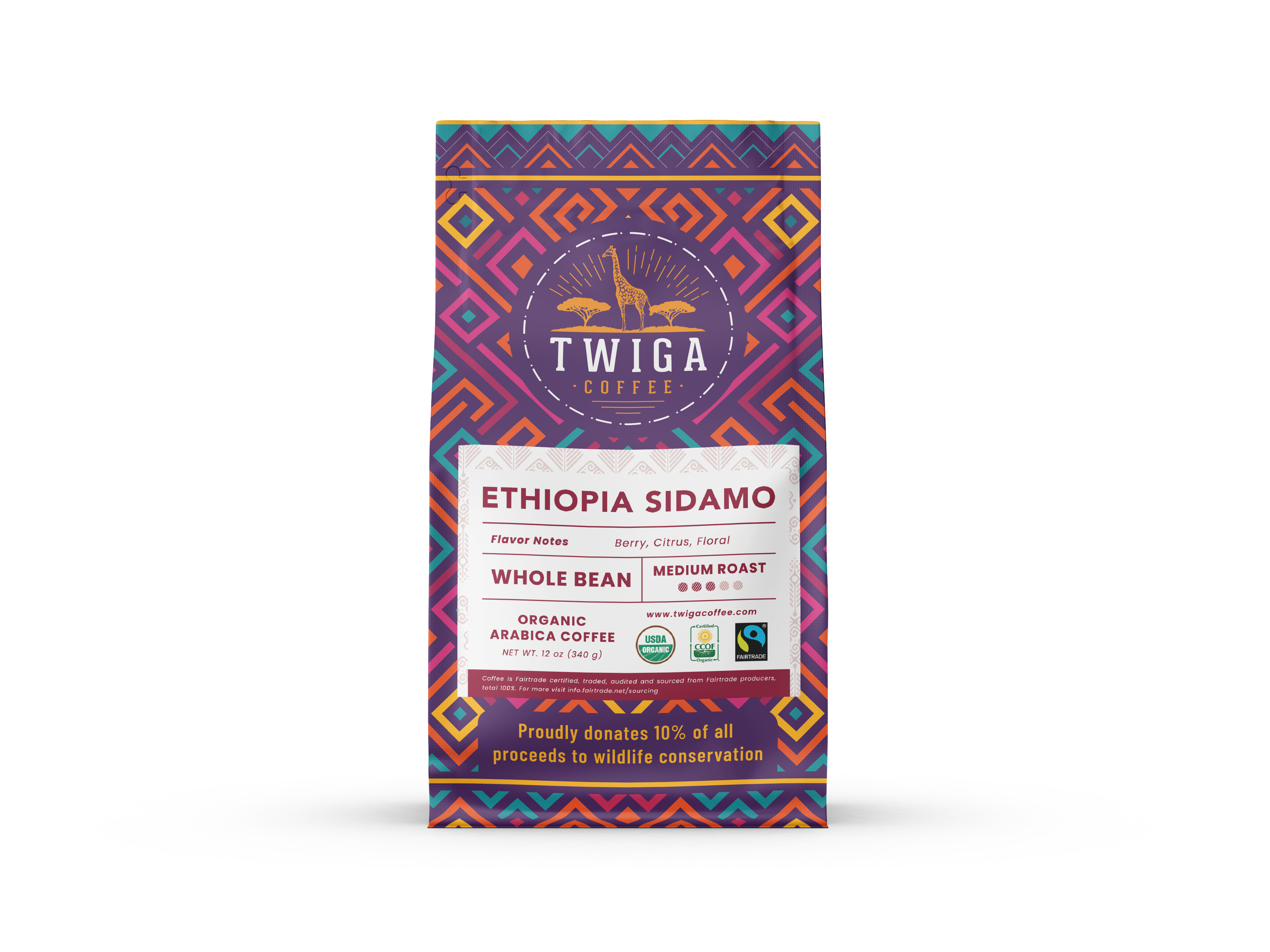 Ethiopia Sidamo whole bean coffee, 12 oz pouch, front of pack