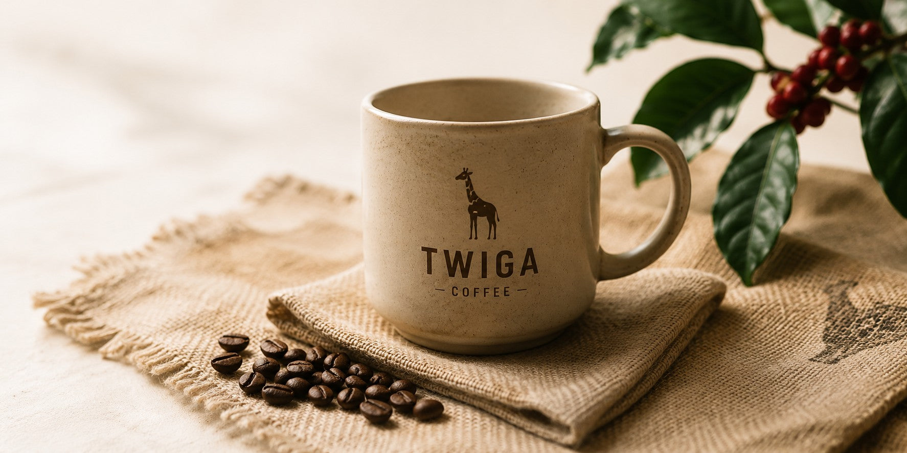 A Twiga Coffee mug on burlap beside roasted coffee beans and a branch of ripe coffee cherries