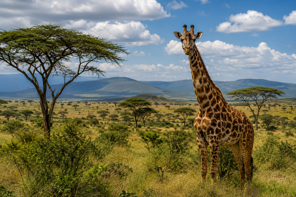 A giraffe standing among acacia trees on open savanna beneath distant hills