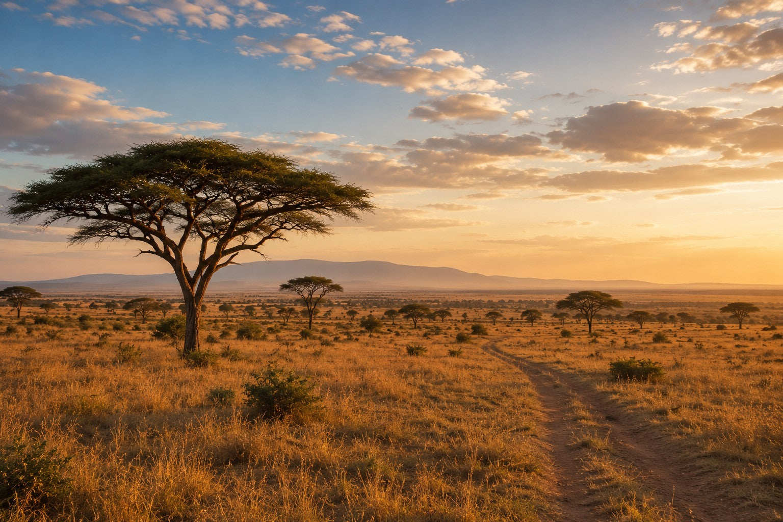 A lone acacia tree on open savanna at sunset, a track winding through golden grass toward distant hills
