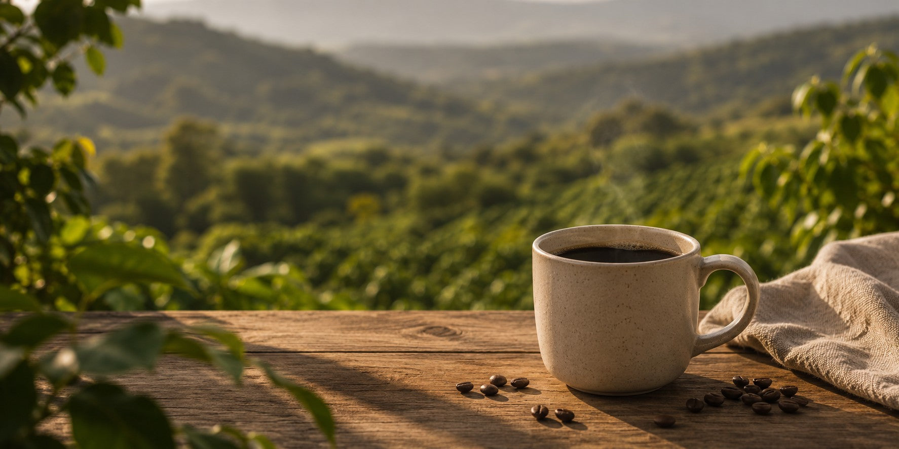 A cup of freshly brewed coffee on a wooden table overlooking a coffee plantation at sunrise