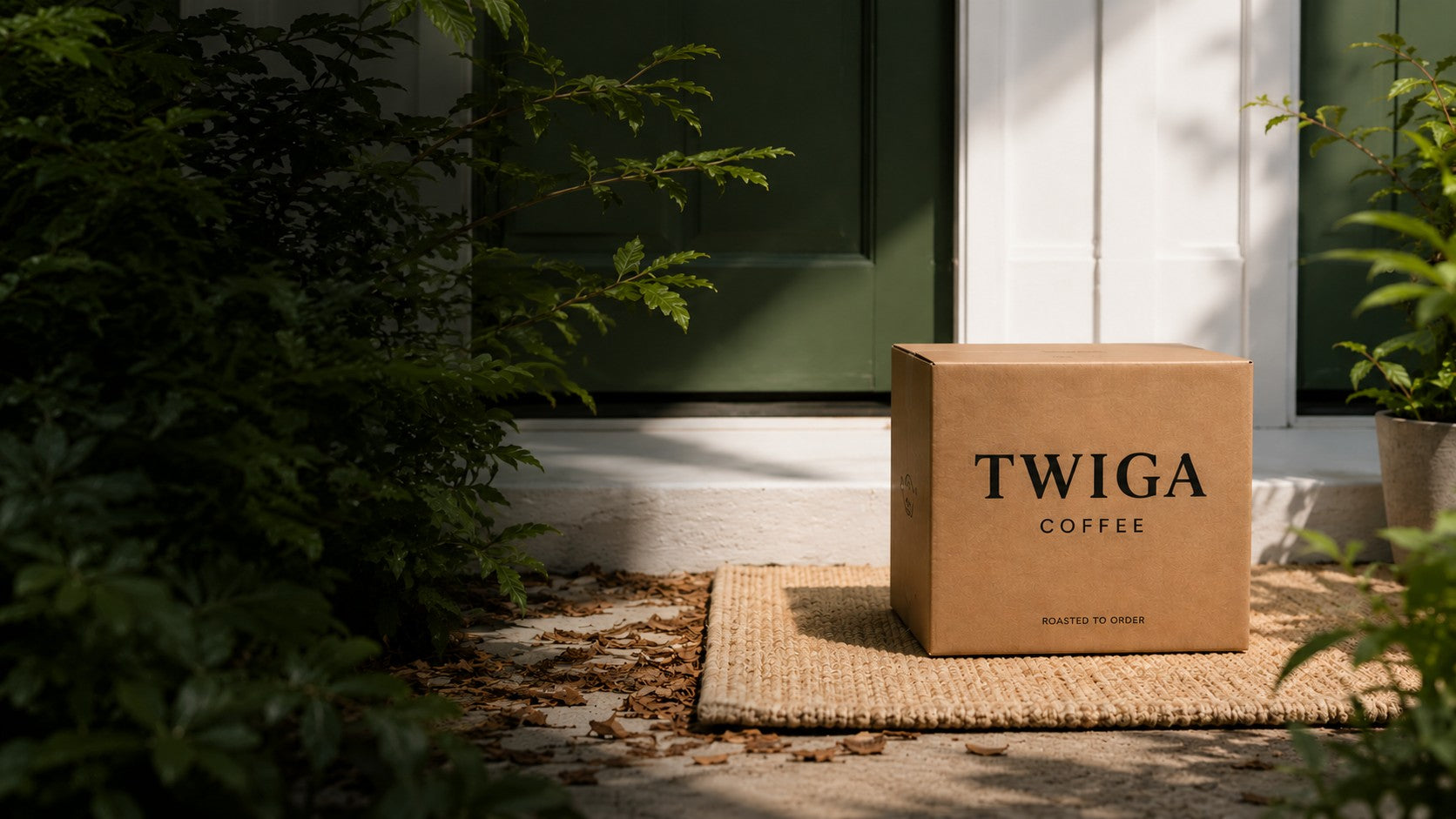 A Twiga Coffee delivery box waiting on a sunlit doorstep beside a green door and garden foliage