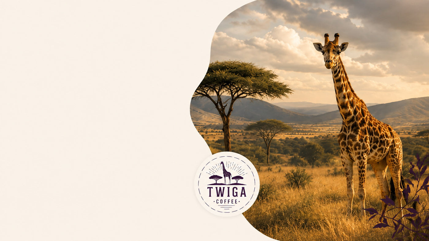 A giraffe on the open savanna beneath acacia trees, with the Twiga Coffee seal