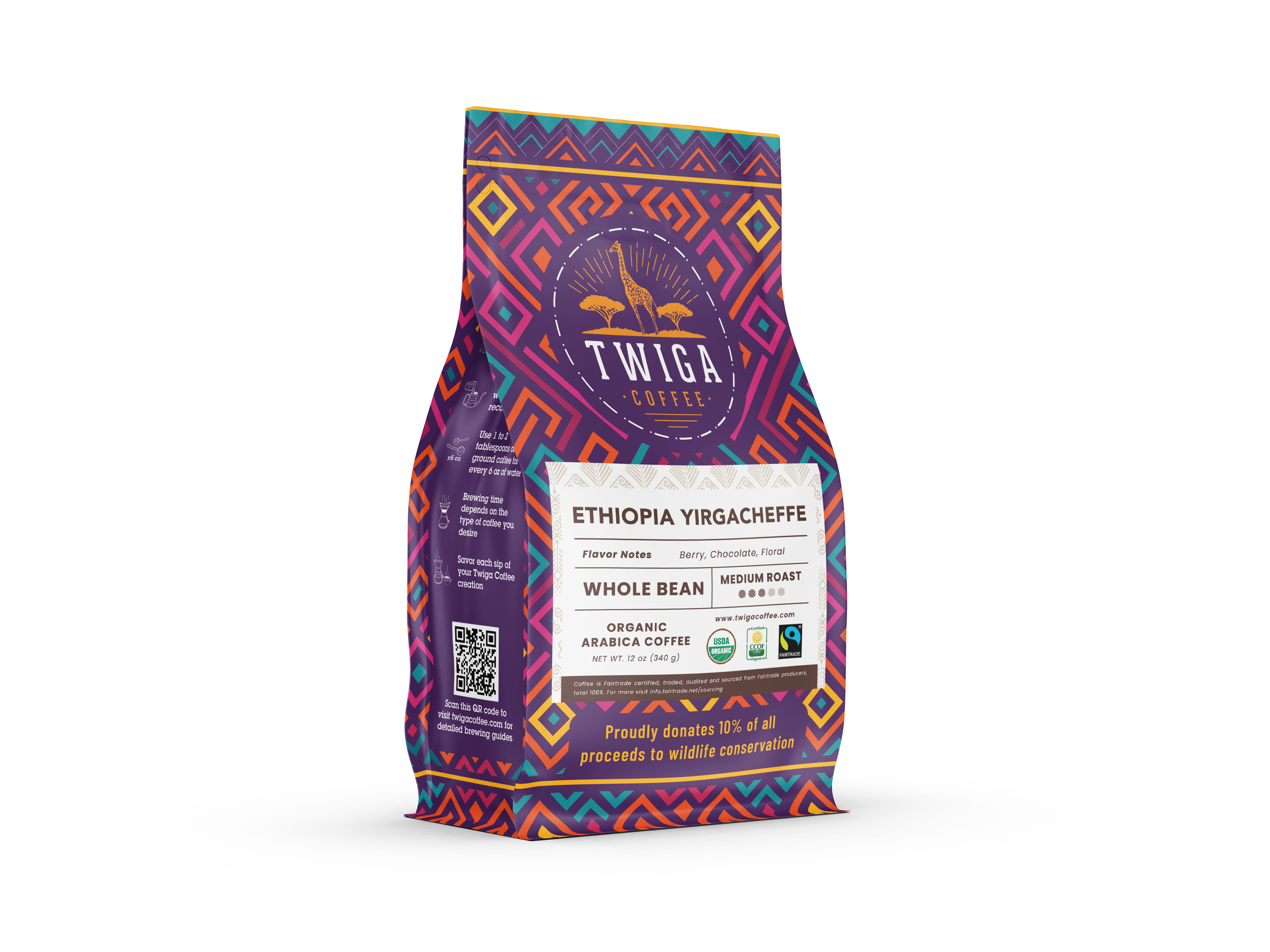 Ethiopia Yirgacheffe 12 oz pouch angled to show the front label and patterned side panel