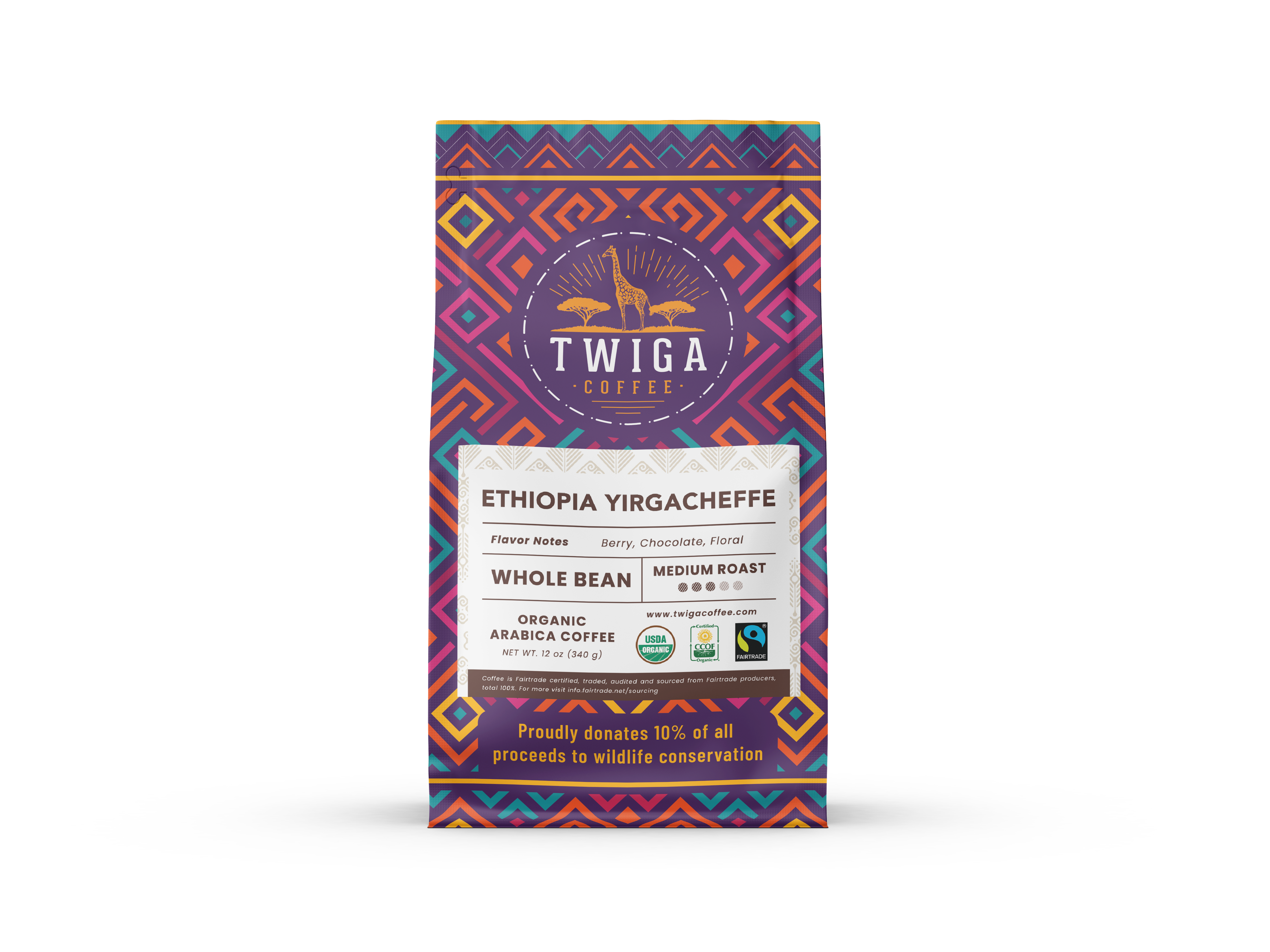 Ethiopia Yirgacheffe whole bean coffee, 12 oz pouch, front of pack